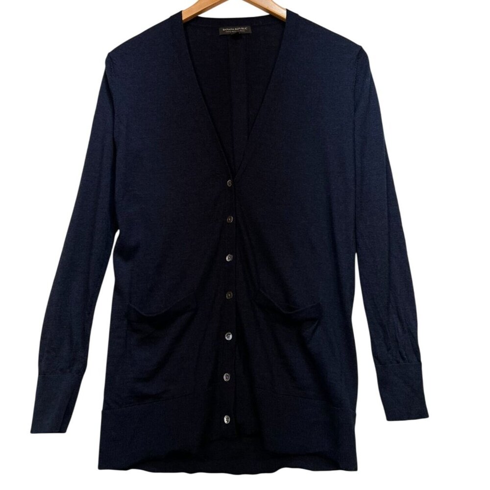 Banana Republic Womens Preppy Merino Wool Longline Cardigan Sweater Size XS Navy